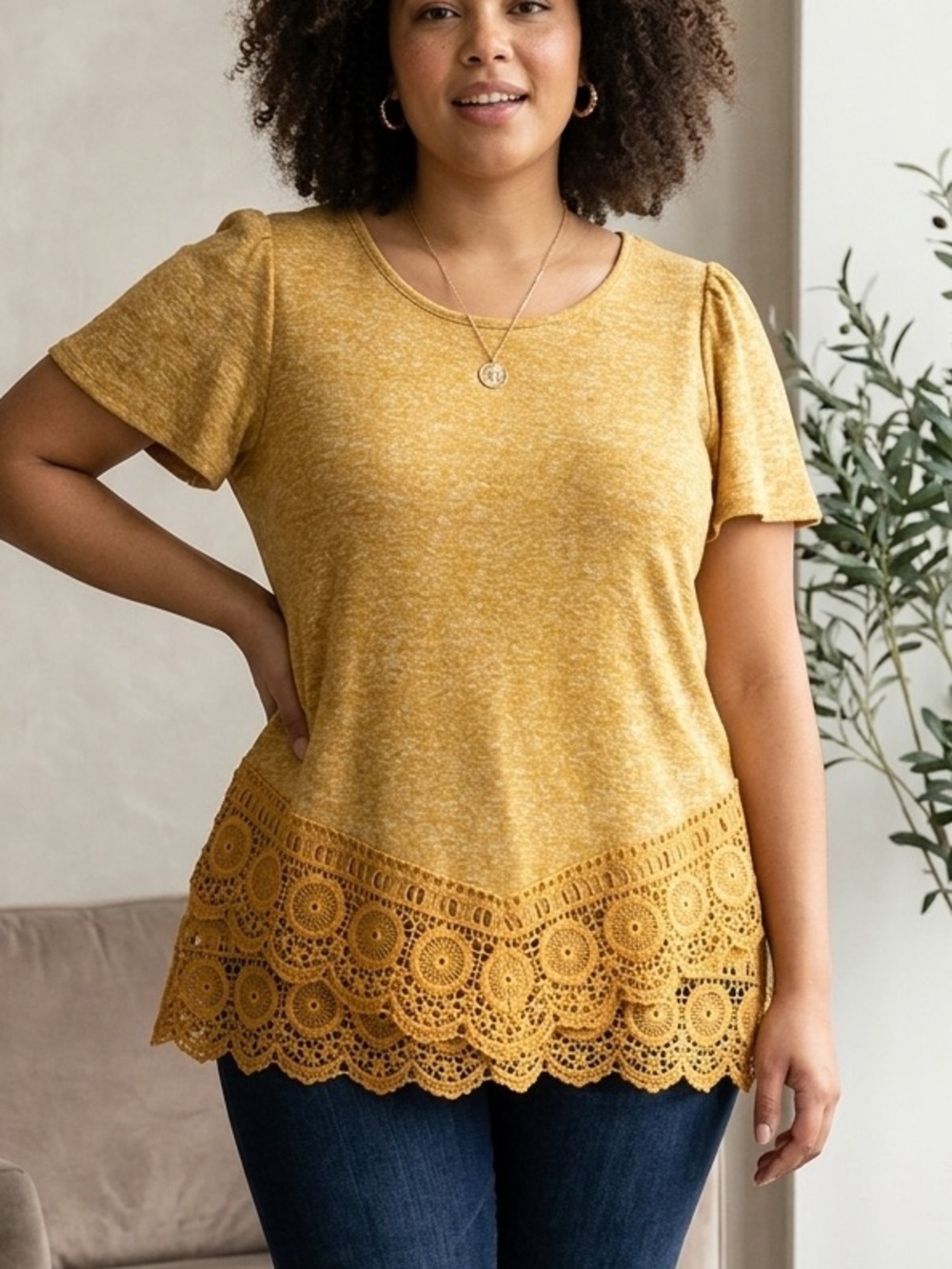 Cupio Mustard Flutter Sleeve Top with crochet Lace Hem 1X